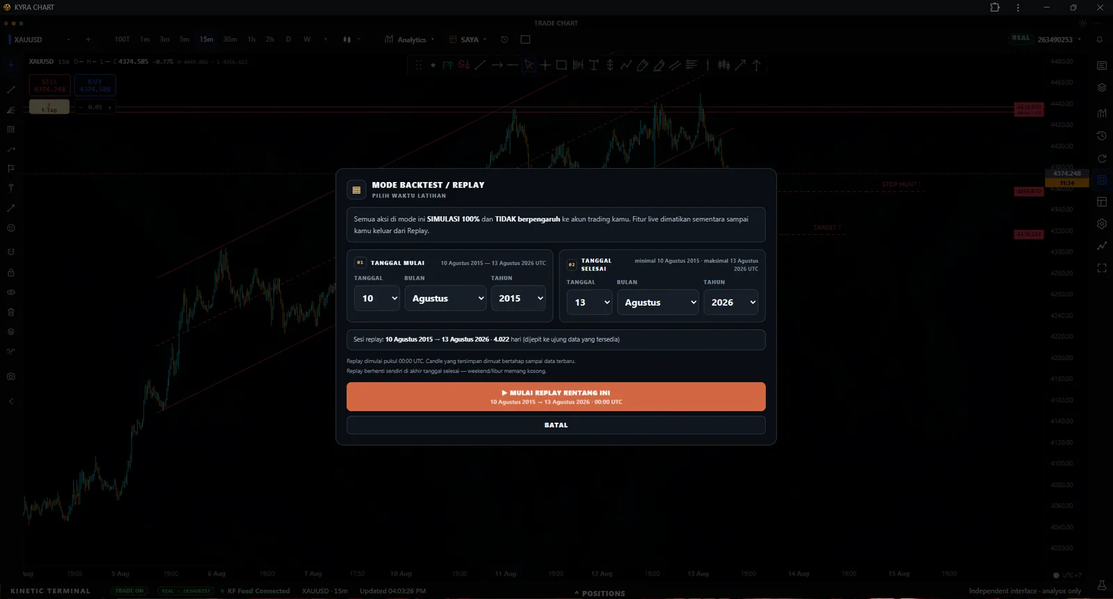 KYRA Chart replay setup dialog with date, time, and starting balance controls